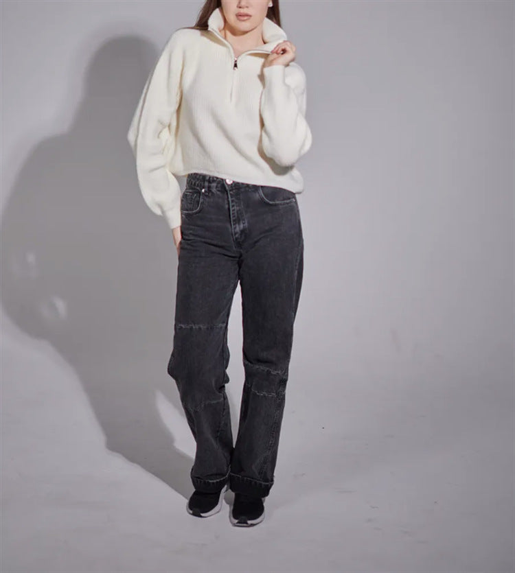 Damen Weite High-Waist-Jeans mit geradem Bein und sichtbaren Teilungsnähten – Dénora