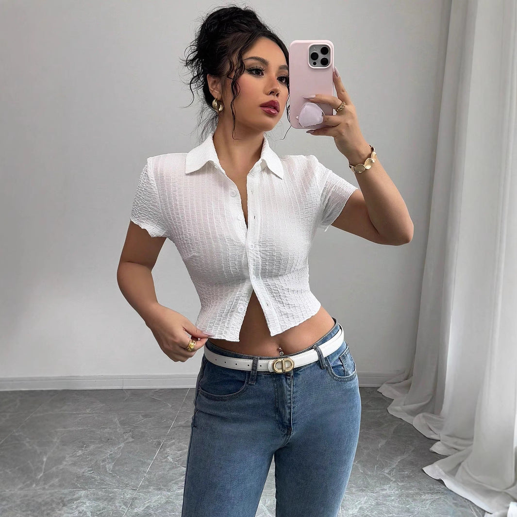 Damen nan taillierte bauchfreie Kurzbluse mit Kreppstruktur Hemdkragen und Knopfleiste Echo Archiv