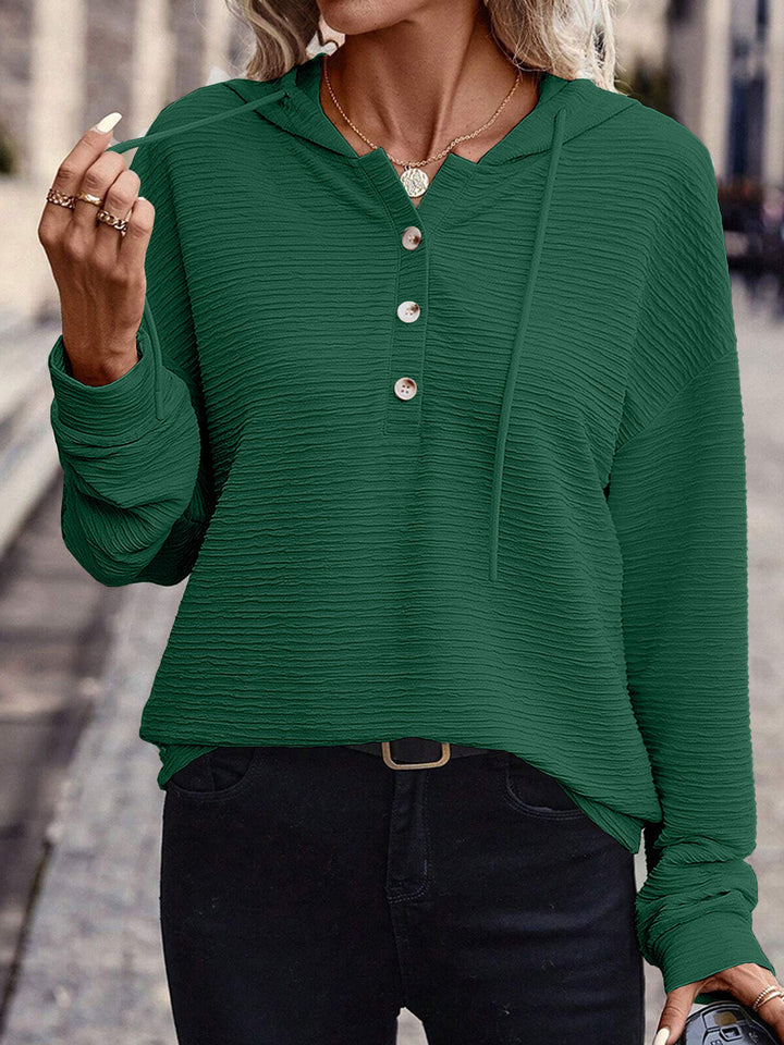 Damen Texturierter Kapuzen-Henleypullover mit Knopfleiste Echoarchiv