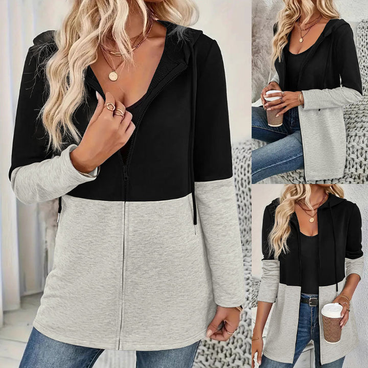 Damen Longline Kapuzen‑Sweatjacke mit Farbblock, Reißverschluss und Eingrifftaschen – Auréline