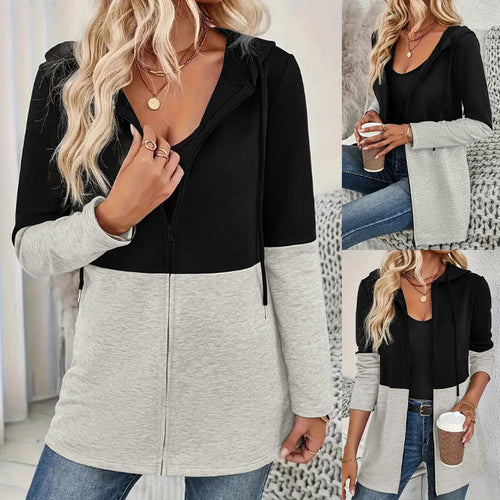 Damen Longline Kapuzen‑Sweatjacke mit Farbblock, Reißverschluss und Eingrifftaschen – Auréline