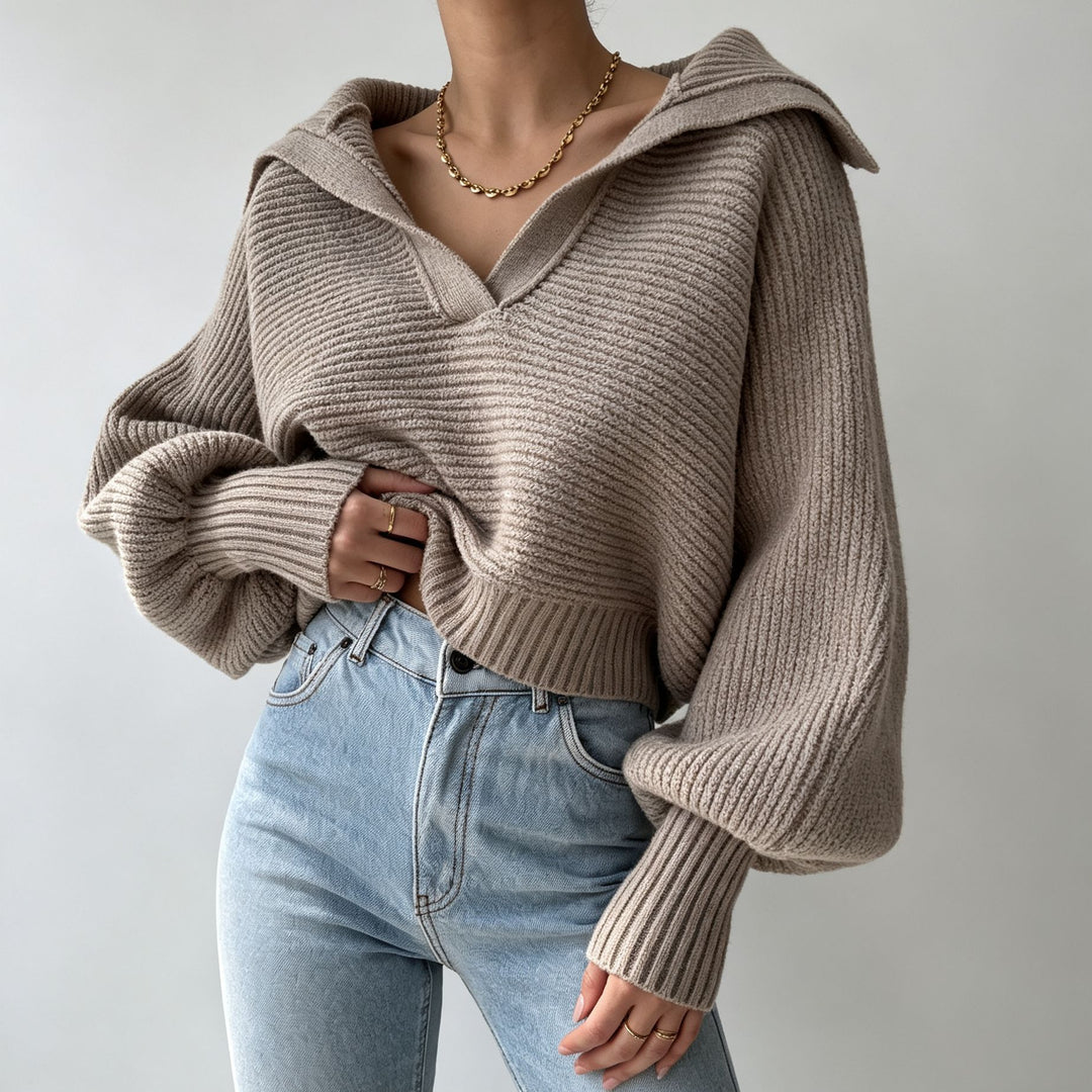 Damen Oversize-Strickpullover mit Matrosenkragen und tiefem V-Ausschnitt – Mavelle