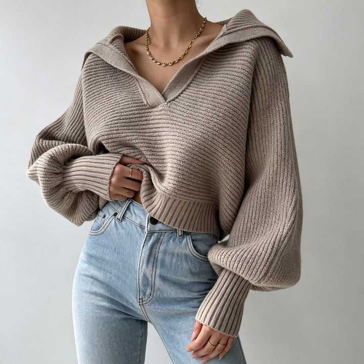 Damen Oversize-Strickpullover mit Matrosenkragen und tiefem V-Ausschnitt – Mavelle