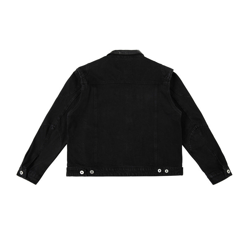 Herren Boxy-Jeansjacke mit Lederimitatkragen und sichtbaren Metallknöpfen Echoarchiv