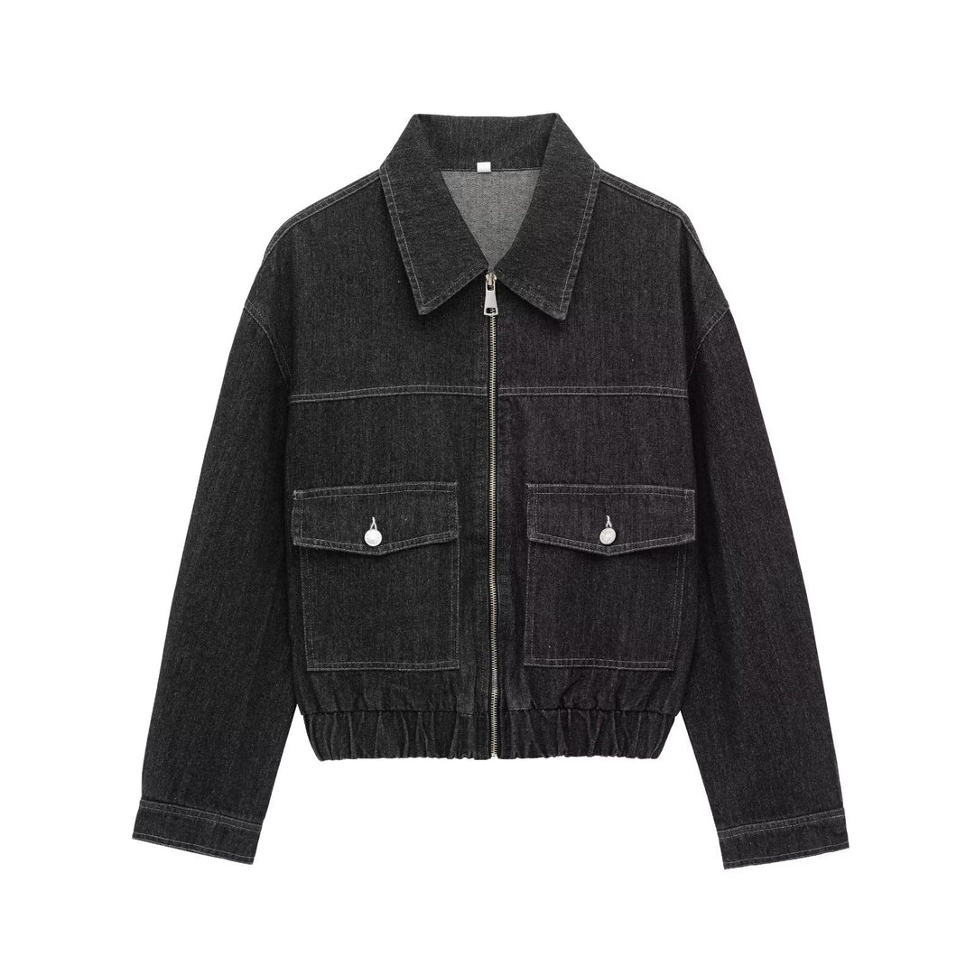 Damen Oversize-Jeansjacke mit durchgehendem Metallreißverschluss, aufgesetzten Klappentaschen und elastischem Saum – Célinea
