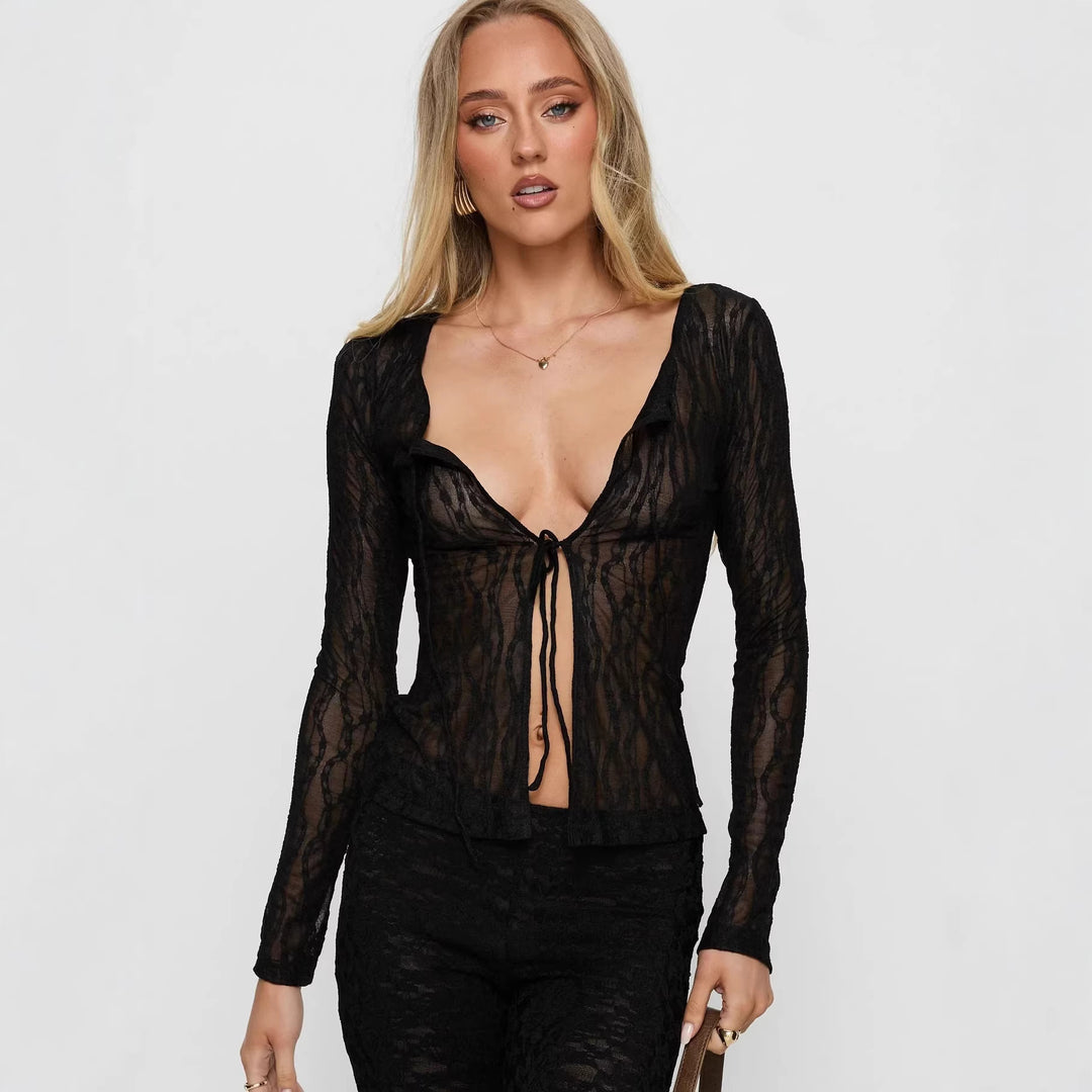 Damen Transparente Spitzenbluse mit tiefem V-Ausschnitt und Bändern Echo Archiv