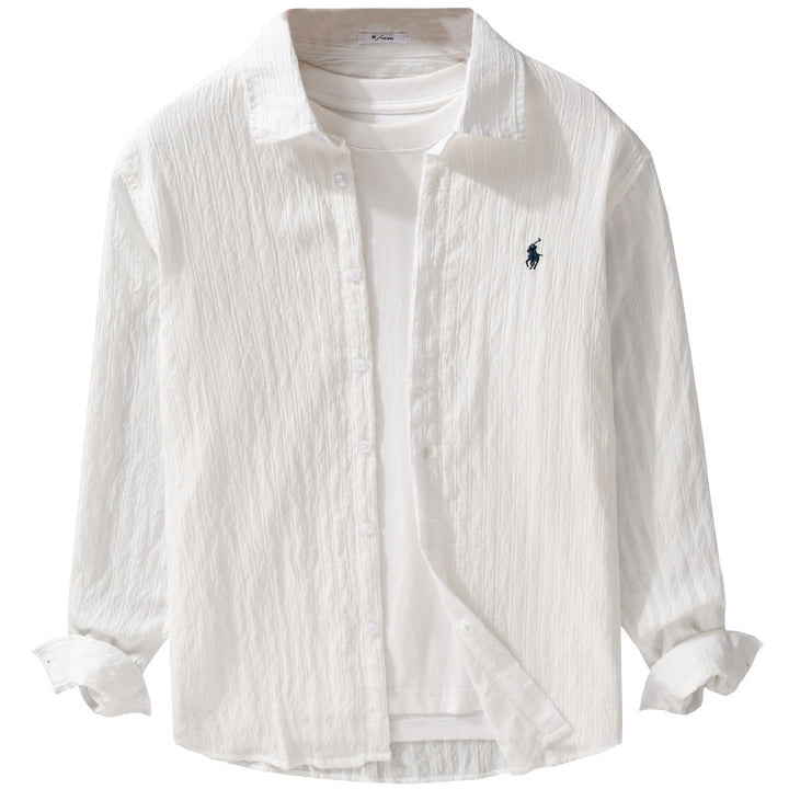 Herren Leichtes Baumwoll-Langarmhemd im Layering‑Stil mit feiner Crinkle‑Struktur und Kentkragen Echoarchiv