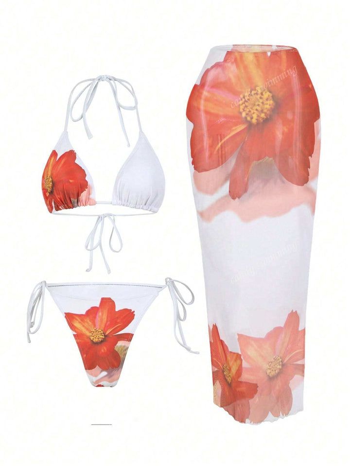 Damen Triangel-Bikini-Set mit floralen Mustern und transparentem Maxirock Echo Archiv