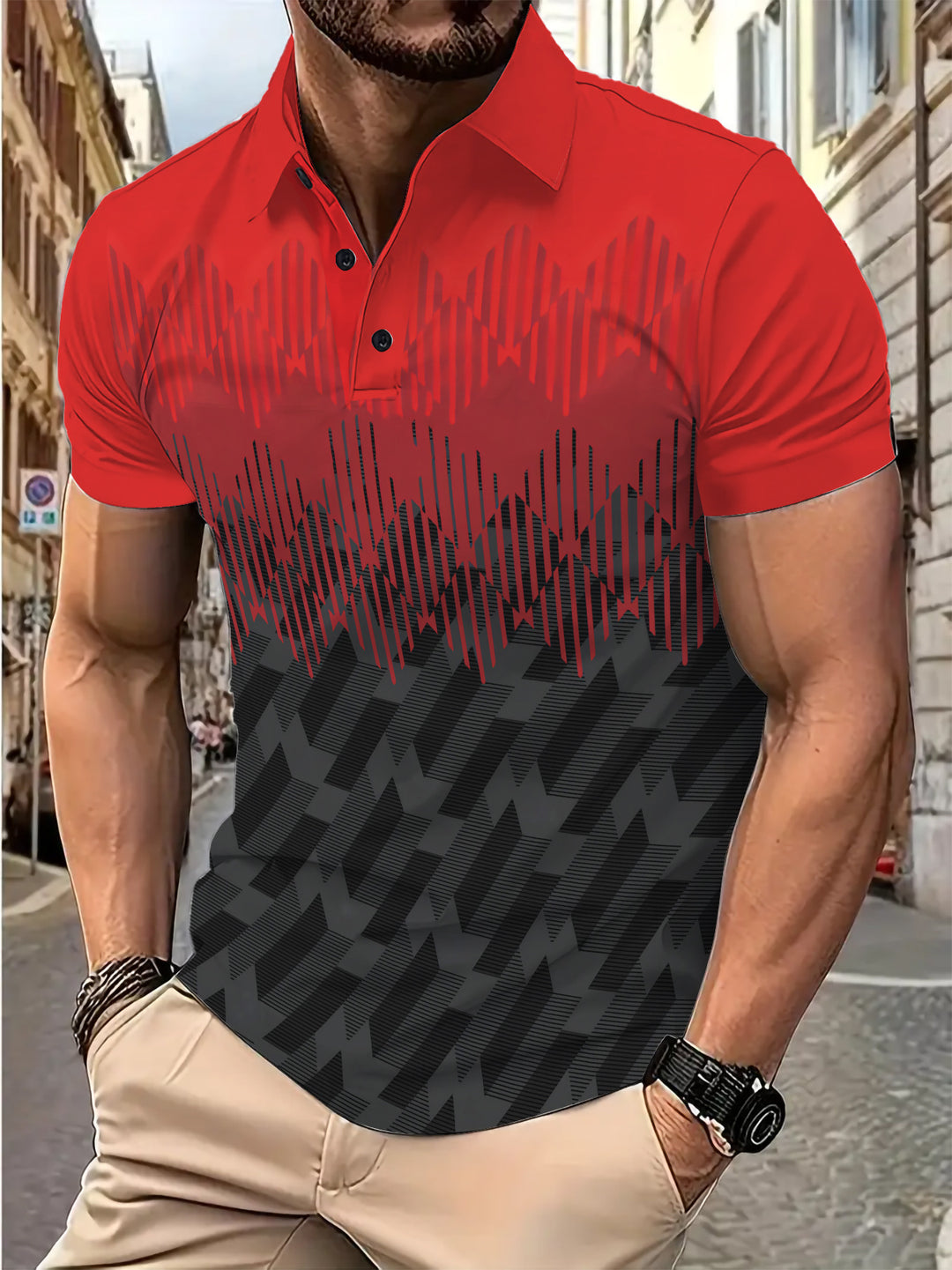 Herren Poloshirt mit kreativen Grafikdetails und atmungsaktivem Material Echoarchiv