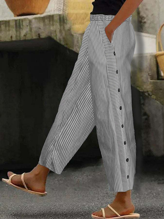 Damenweite Culotte-Hosen mit Paperbag-Taille, Knopfleiste und Seitentaschen – Avélisse