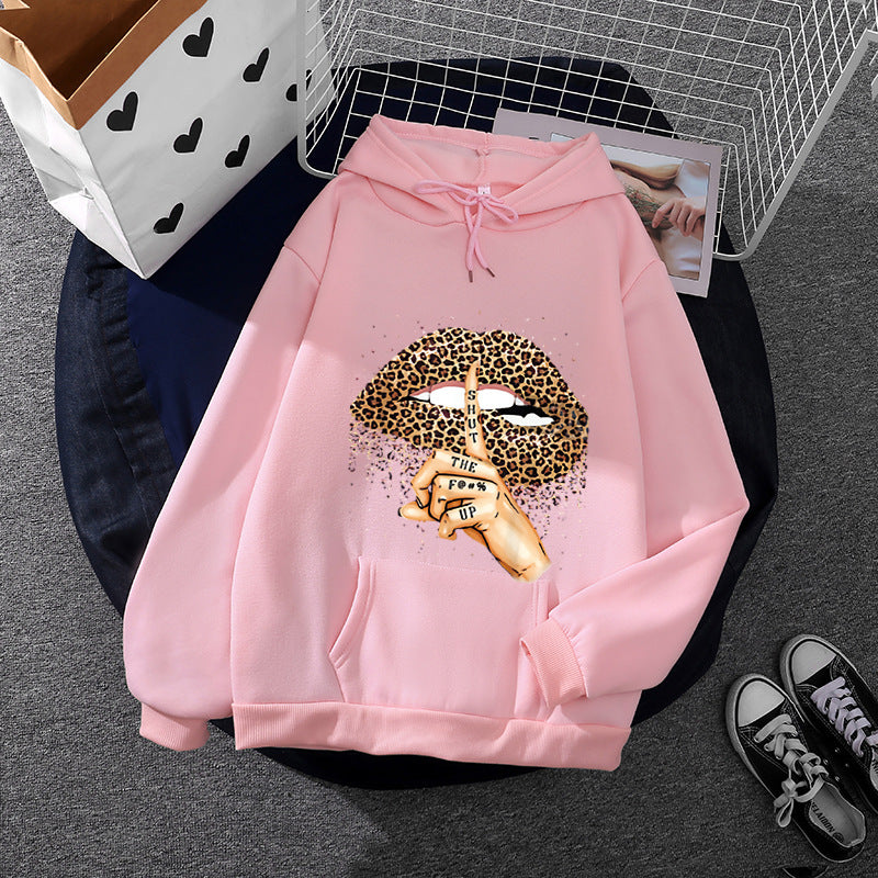 Damen oversized Fleece-Hoodie mit Leoparden-Lippen-Motiv, Kängurutasche und gerippten Bündchen – Auréline
