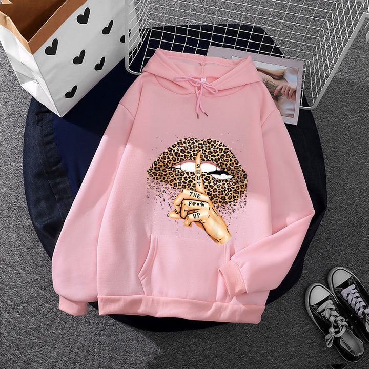 Damen oversized Fleece-Hoodie mit Leoparden-Lippen-Motiv, Kängurutasche und gerippten Bündchen – Auréline