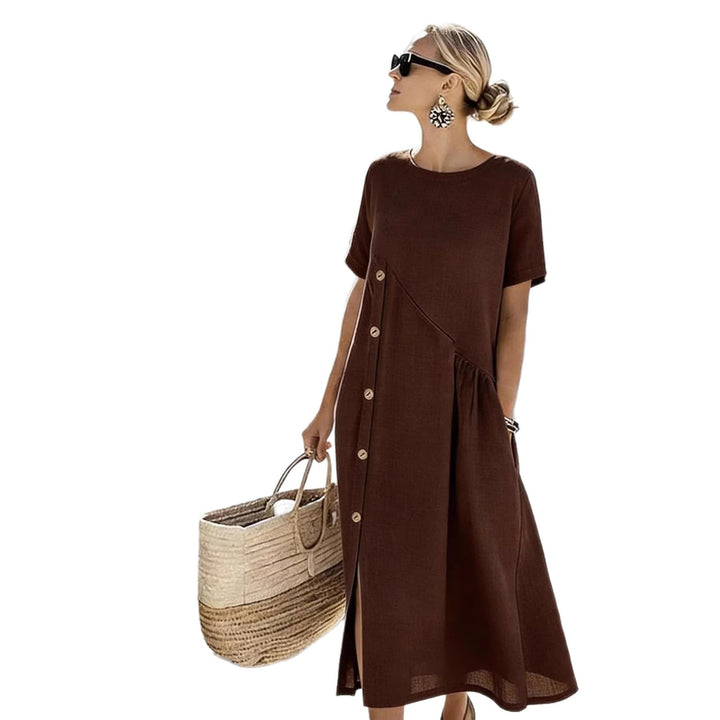 Damen Luftiges Sommerkleid mit seitlicher Knopfleiste, kurzen Ärmeln und Schlitz – Lunéa