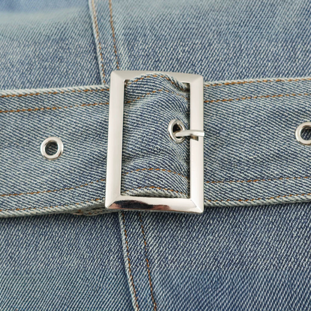 Damen Jeansjacke mit Taillengürtel und asymmetrischer Druckknopfleiste Echoarchiv