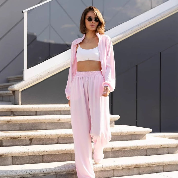 Damen lässiges Zweiteiler Set aus fließender Satinoptik mit weitem Bund und Crop-Top – Élanora