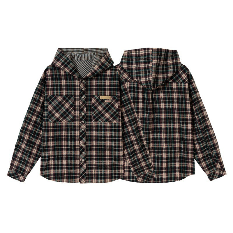 Unisex Kapuzen-Flanellhemd im Oversize-Karo mit Brusttaschen Echoarchiv