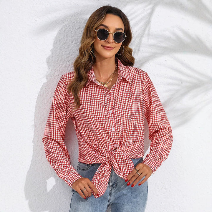 Damen nan geknotete Hahnentritt-Bluse mit Hemdkragen und durchgehender Knopfleiste Echo Archiv