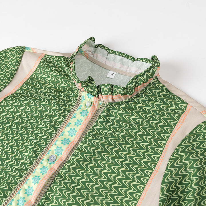 Damen Gemustertes Midilanges Mantelkleid mit Volantkragen und Stufenrock Echo Archiv