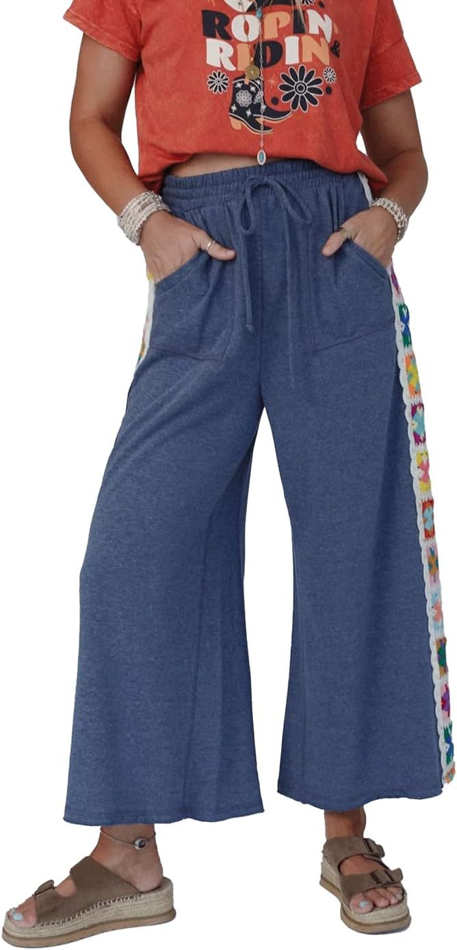 Damen weite Jersey-Hose mit hohem Gummibund, Kordelzug und gehäkeltem Seitenstreifen – Avérine