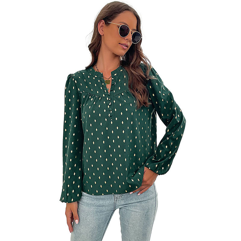Damen Leichte Viskose-Bluse mit Stehkragen, Knopfleiste und feinem Tropfenprint Echoarchiv