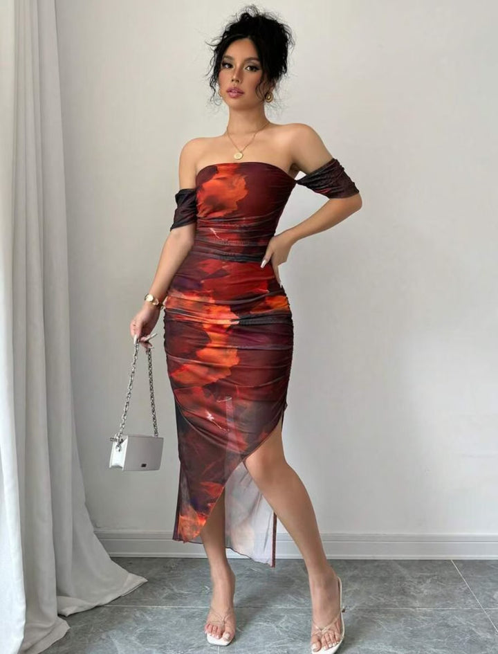 Damen Figurbetontes Midi-Kleid mit off-shoulder Design und elegantem Schlitz Echo Archiv