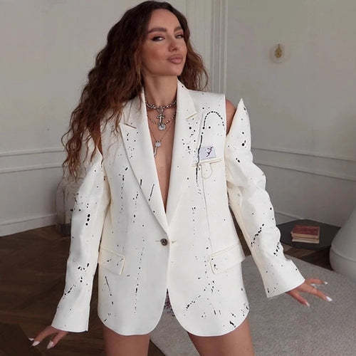 Damen Oversize-Blazer mit Cut-Out-Ärmeln und Paint-Splatter-Optik Echoarchiv