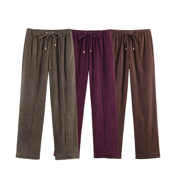 Damen nan gerade geschnittene Velourslederimitat-Hose mit Elastikbund und Kordel Echo Archiv
