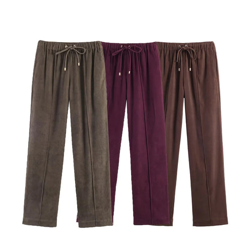 Damen nan gerade geschnittene Velourslederimitat-Hose mit Elastikbund und Kordel Echo Archiv