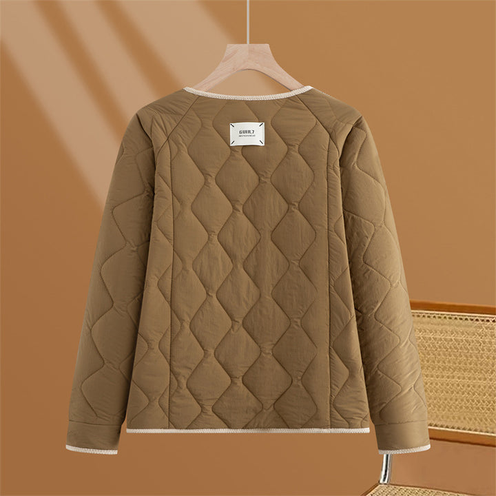 Damen gesteppte Übergangsjacke mit Rautenstepp, Rundhals und Druckknopfleiste – Célinea