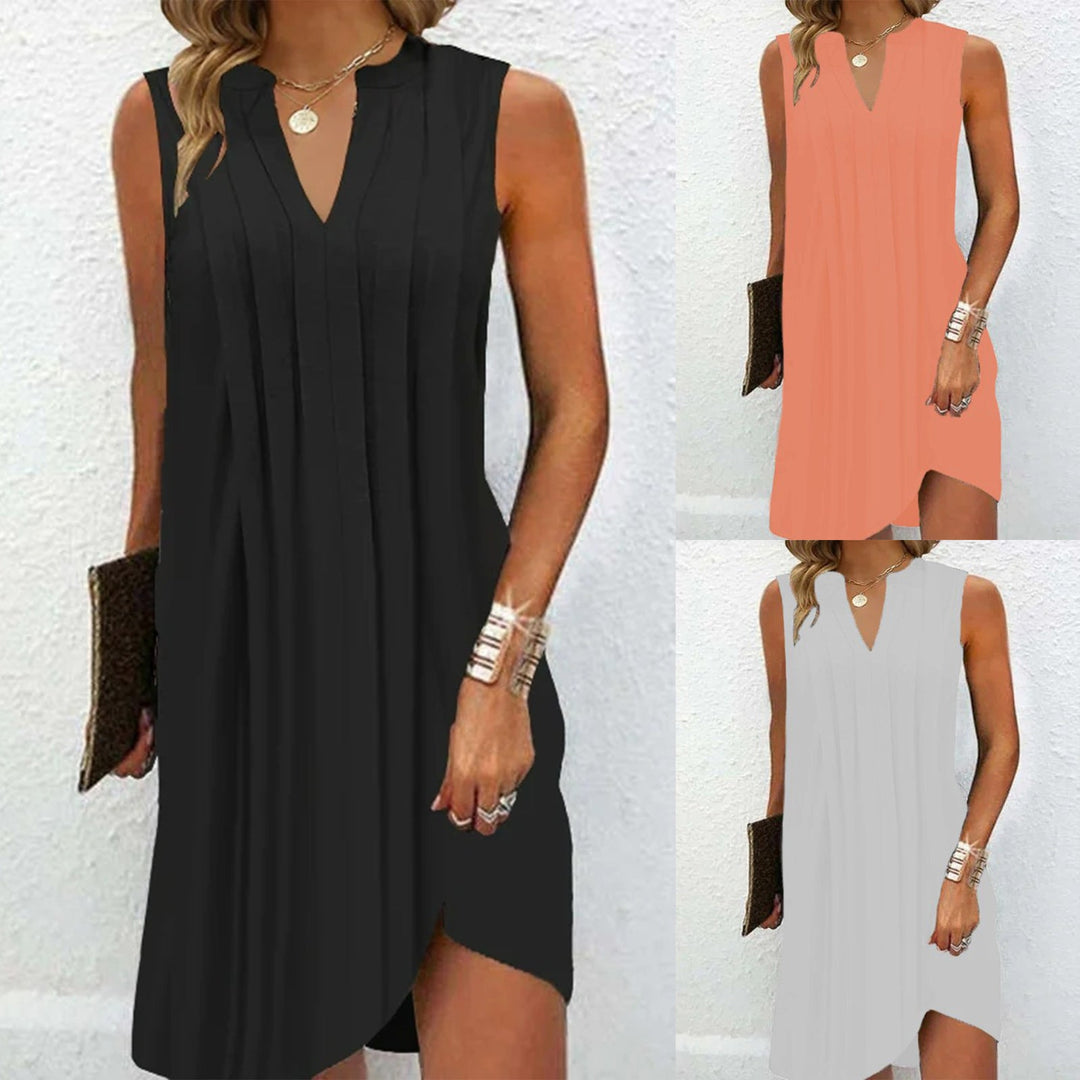 Damen elegantes, ärmelloses Kleid mit V-Ausschnitt und asymmetrischem Saum – Élara