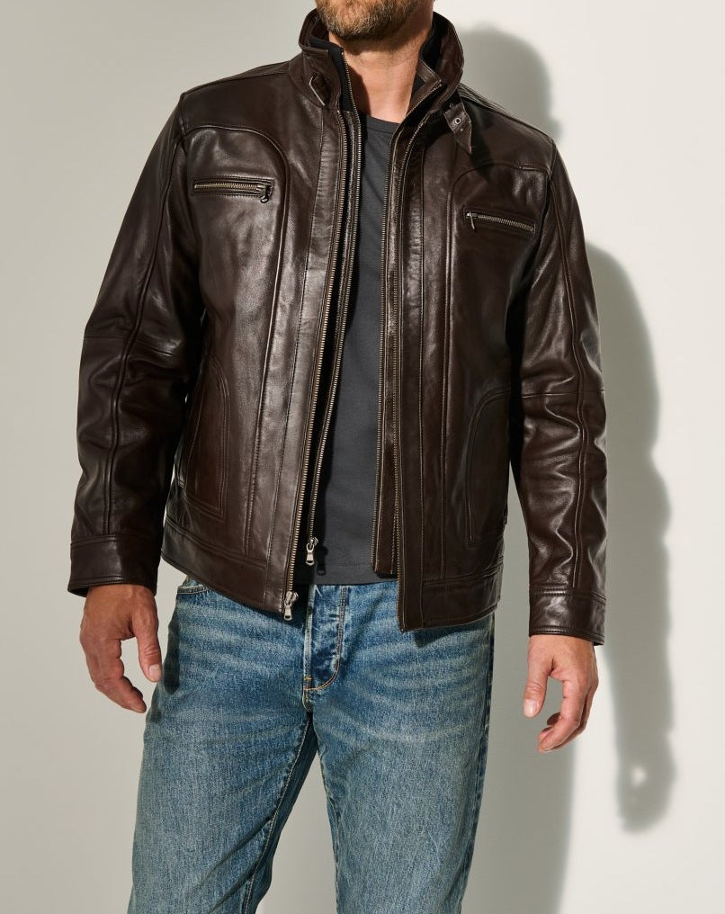 Herren lässige Lederjacke mit modernem Stehkragen und vielseitigen Taschen Echoarchiv