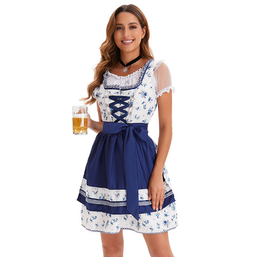 Damen nan kurzes Trachtenkleid im bayerischen Stil mit geschnürtem Mieder, Spitzenkragen und Schürzenrock Echo Archiv