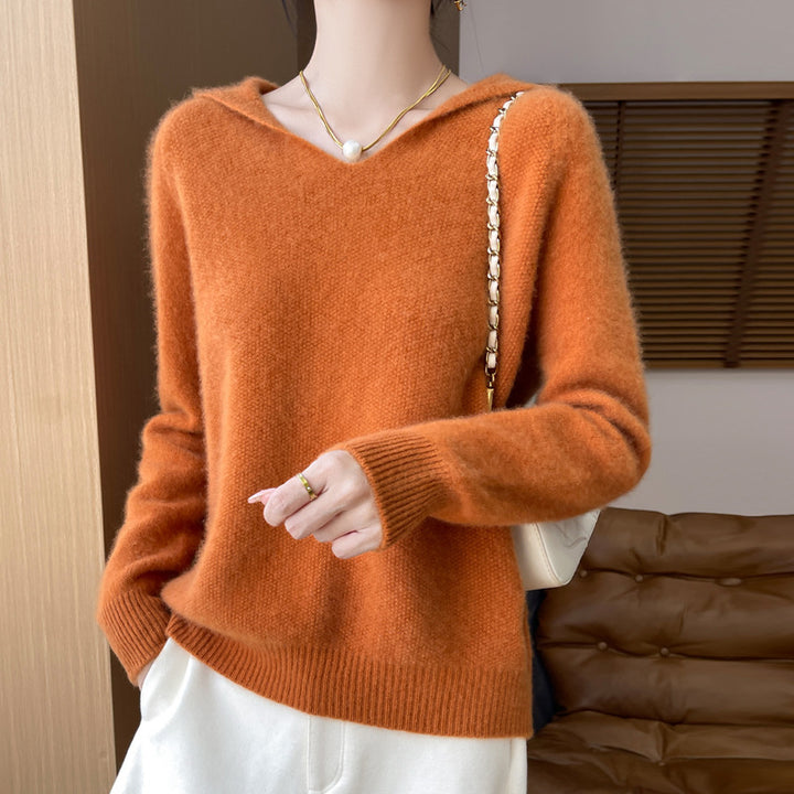 Damen Weicher Mohair‑Optik Kapuzenpullover mit V‑Ausschnitt und geripptem Saum Echoarchiv