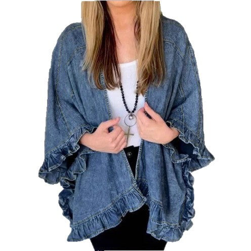 Damen Oversize-Jeans-Kimono mit Volantkante und offenem Fall Echo Archiv
