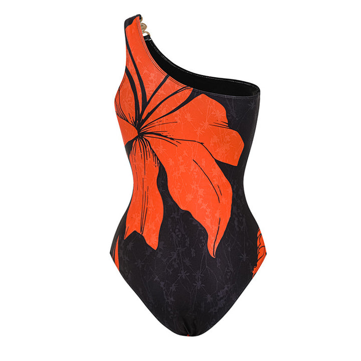 Damen Badeanzug mit asymmetrischem Schnitt und floralen Akzenten Echo Archiv