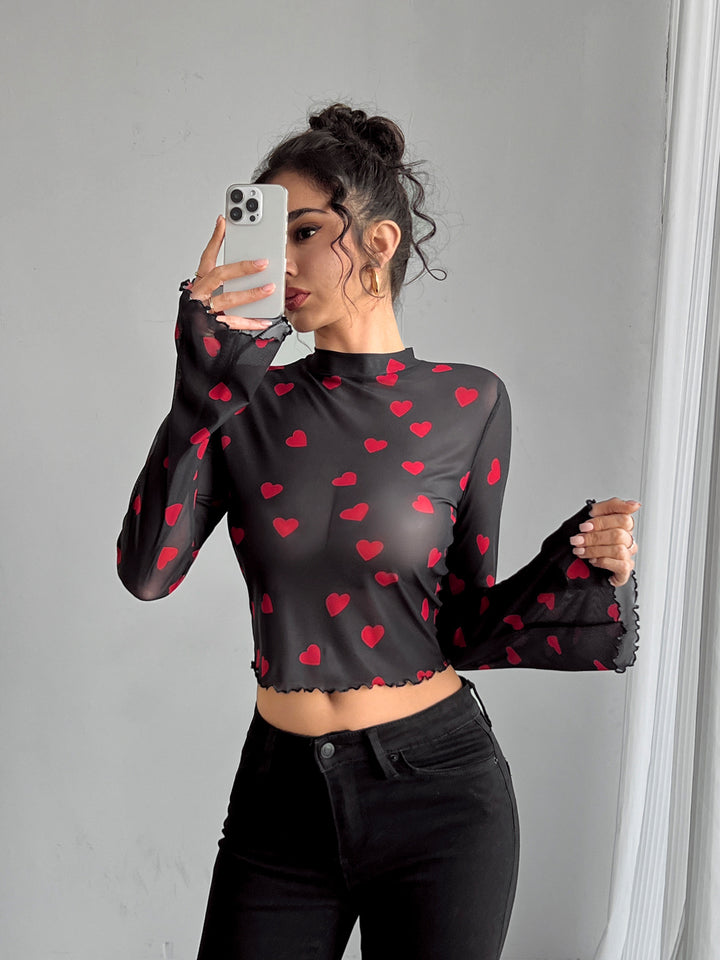Damen nan transparentes Paisley-Netz-Kurzoberteil mit Stehkragen, Trompetenärmeln und gewelltem Saum Echo Archiv