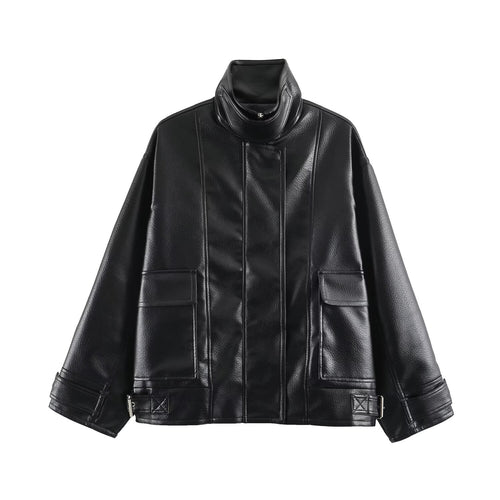 Damen Oversize Kunstlederjacke mit hohem Stehkragen, aufgesetzten Taschen und verstellbaren Schnallen Echo Archiv