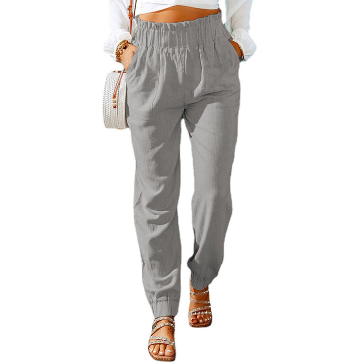 Damen Hochtaillierte Leinenoptik-Joggerhose mit elastischem Rüschbund und Eingrifftaschen Echoarchiv