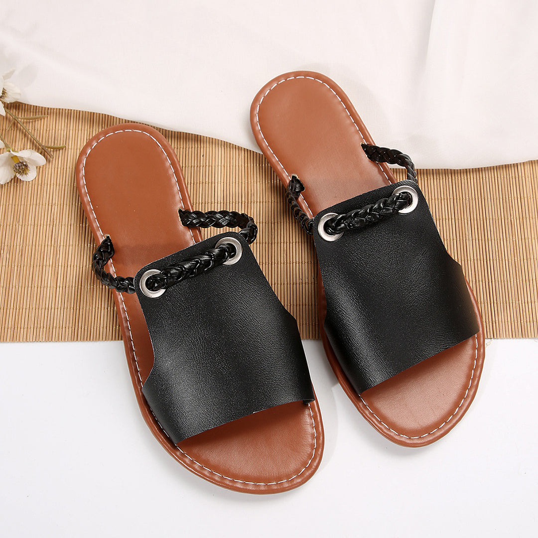 Damen nan elegante flache Pantolette mit breitem Obermaterial und geflochtenem Zehenriemen Echo Archiv