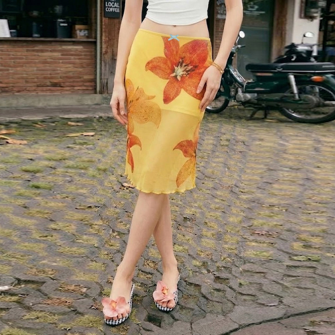 Damen Midi-Rock mit floralem Chiffon und elastischem Bund Echo Archiv