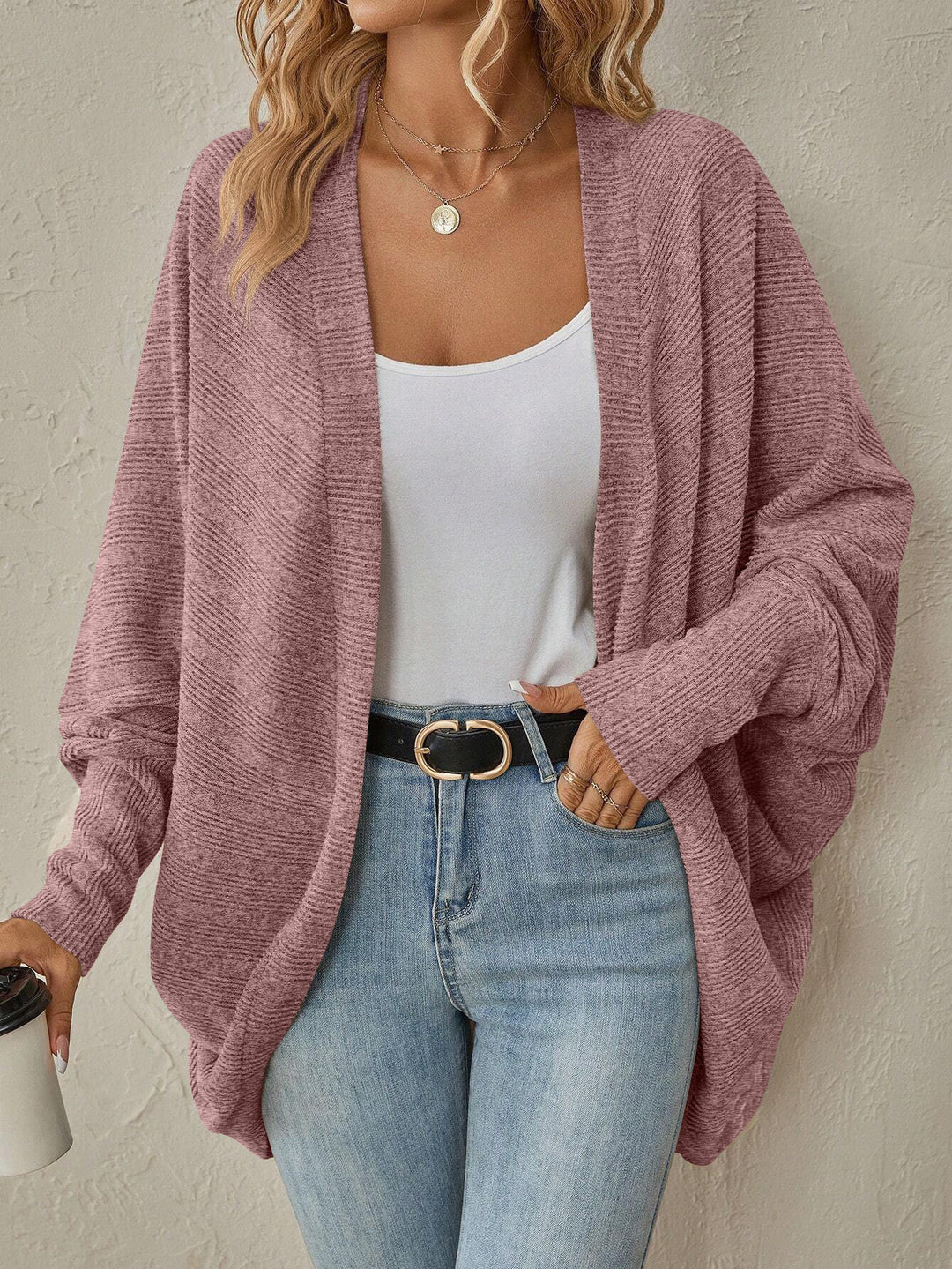 Damen Oversize Offener Strickcardigan mit Strukturstrick und weiten Trompetenärmeln Echoarchiv