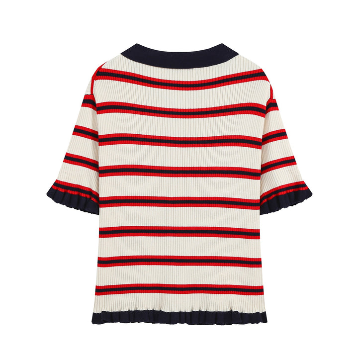 Damen Kurzärmelige gerippte Polokragen-Strickjacke mit Knopfleiste und Volantsaum Echo Archiv