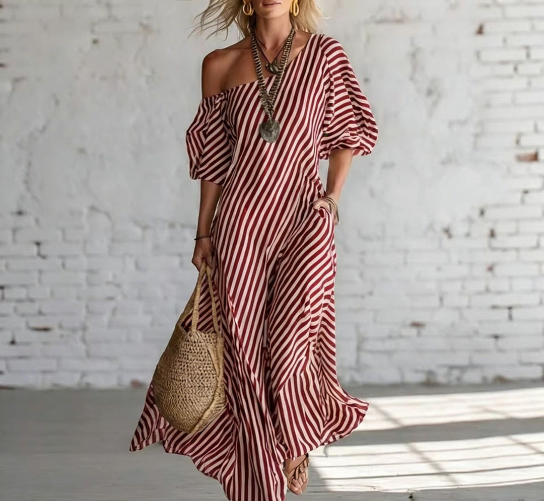 Damen Maxikleid mit asymmetrischem Schnitt und auffälligen Streifen Echo Archiv