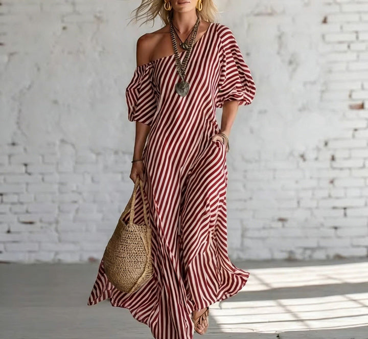 Damen Maxikleid mit asymmetrischem Schnitt und auffälligen Streifen Echo Archiv
