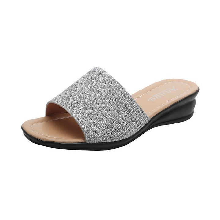 Damen nan Glitzerslipper mit breiter Riemenfront, offenem Zehenbereich, gepolstertem Komfortfußbett und leichtem Keilabsatz Echo Archiv