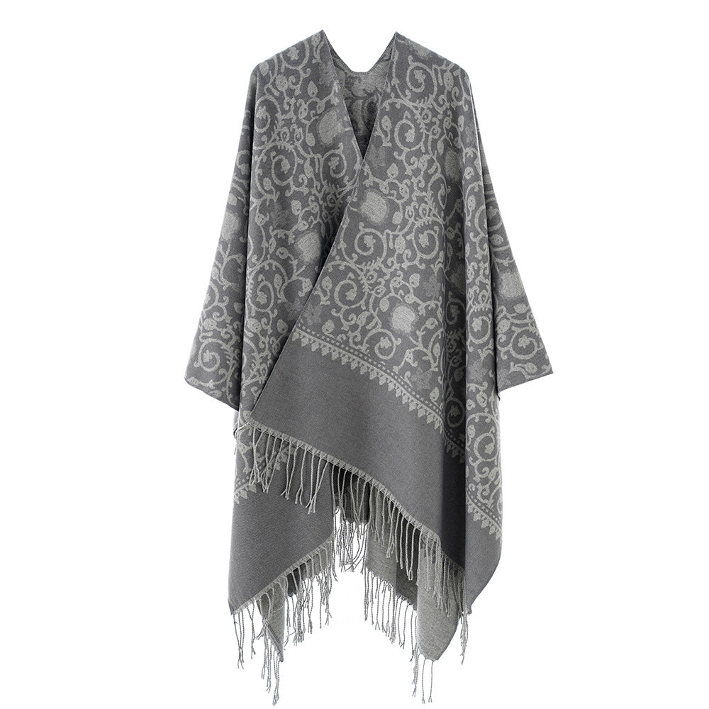 Damen Jacquard-Ruana mit ornamentalem Bordürenmuster und Fransensaum – Avérine
