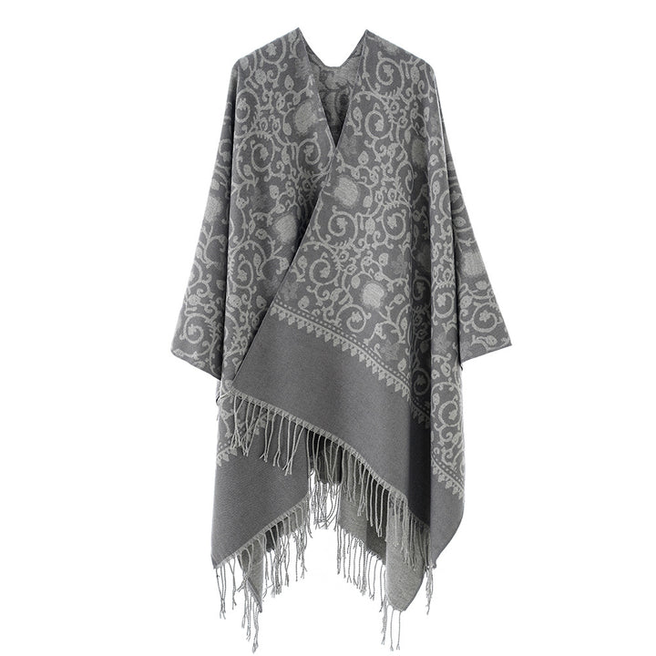 Damen Jacquard-Ruana mit ornamentalem Bordürenmuster und Fransensaum – Avérine
