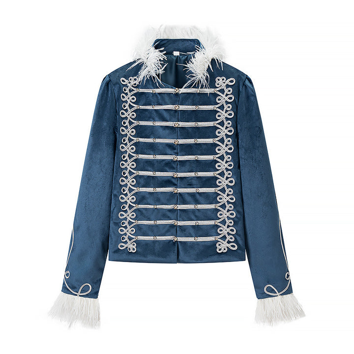 Damen Ornamentale Militärjacke mit Zierkordeln und Federbesatz Echo Archiv
