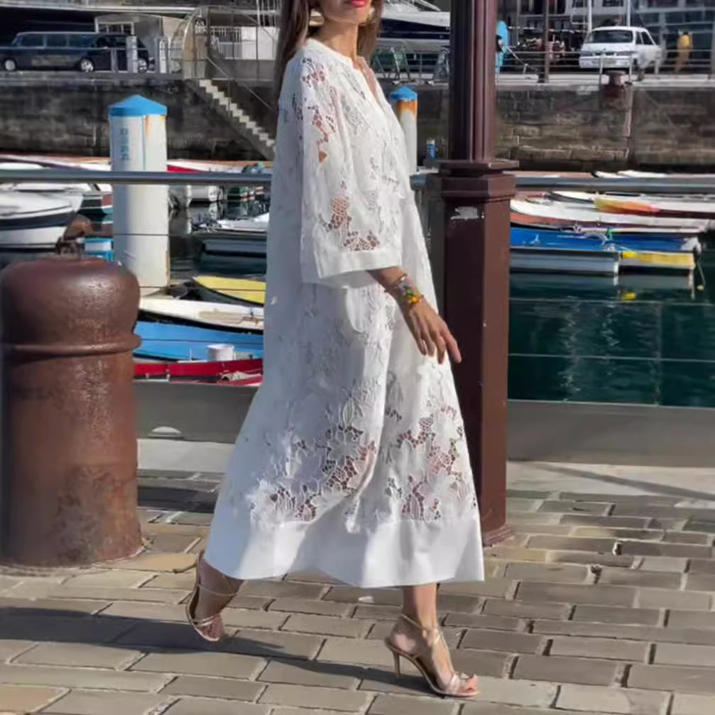 Damen nan luftiges Spitzen-Maxikleid mit floraler Ajourstickerei, lockerem Kimonoärmelschnitt und leichtem Unterkleid Echo Archiv