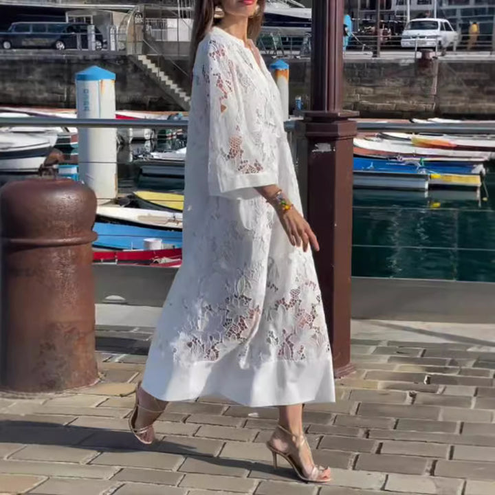 Damen nan luftiges Spitzen-Maxikleid mit floraler Ajourstickerei, lockerem Kimonoärmelschnitt und leichtem Unterkleid Echo Archiv